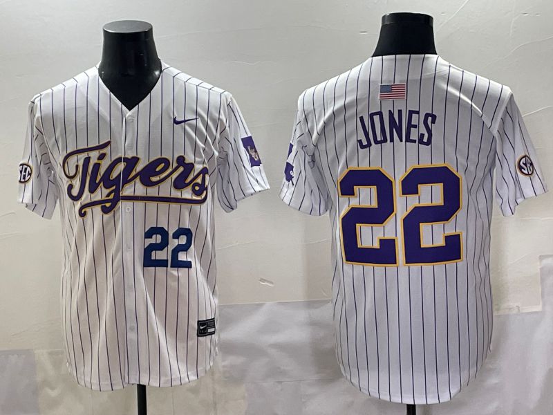 Men 2025 LSU Tigers #22 Jones White Stripe Nike Joint Name Nike NCAA Jersey style 3